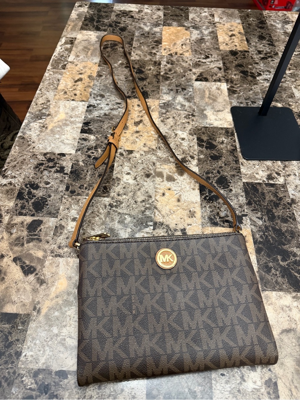 Michael Kors Brown MK Signature Crossbody with Gold Medallion